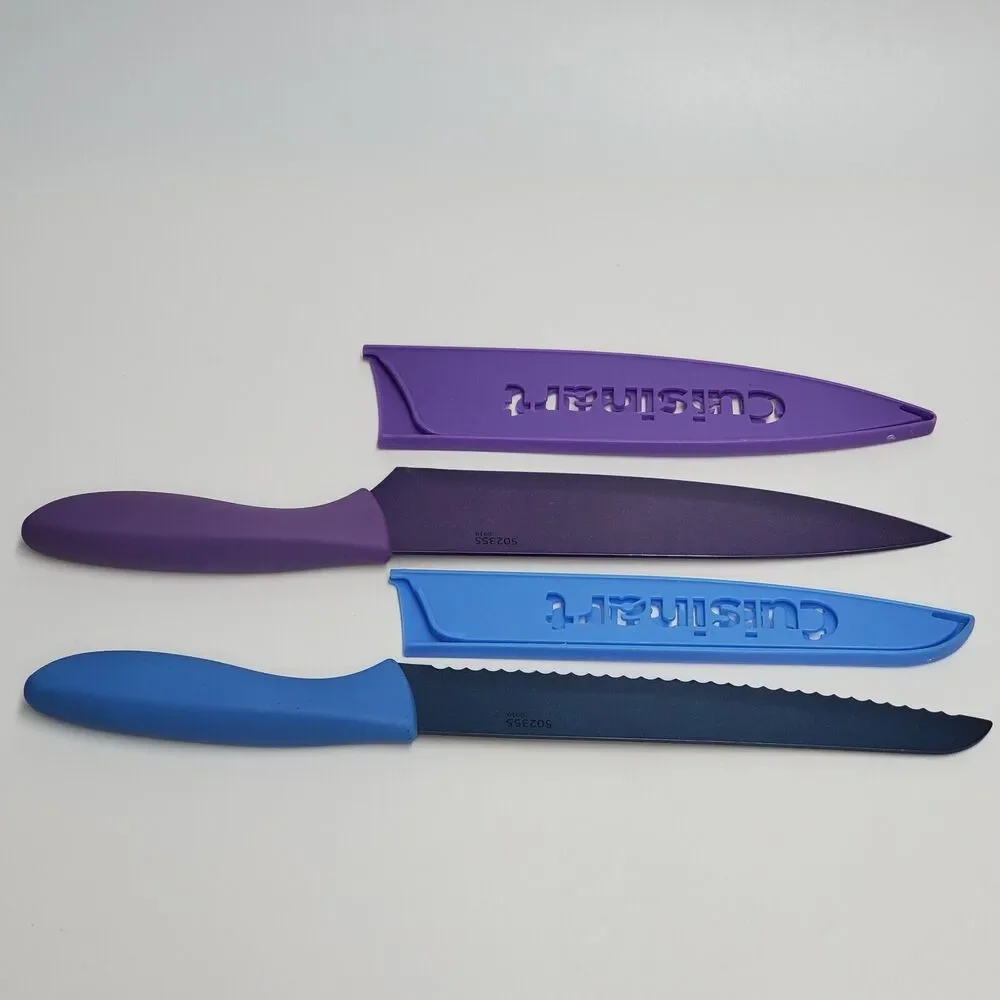 Cuisinart 2pc Knife Set Purple 8in Slicing Blue 7.5in Serrated with Guards